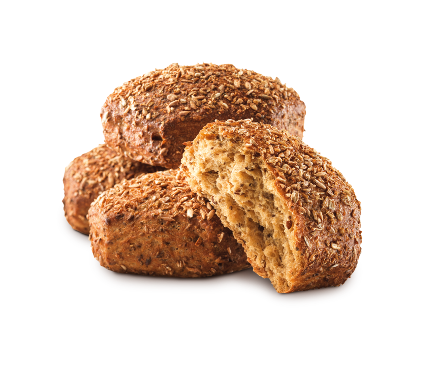 Mehrere Kamps Vollkornbrötchen, eins aufgerissen